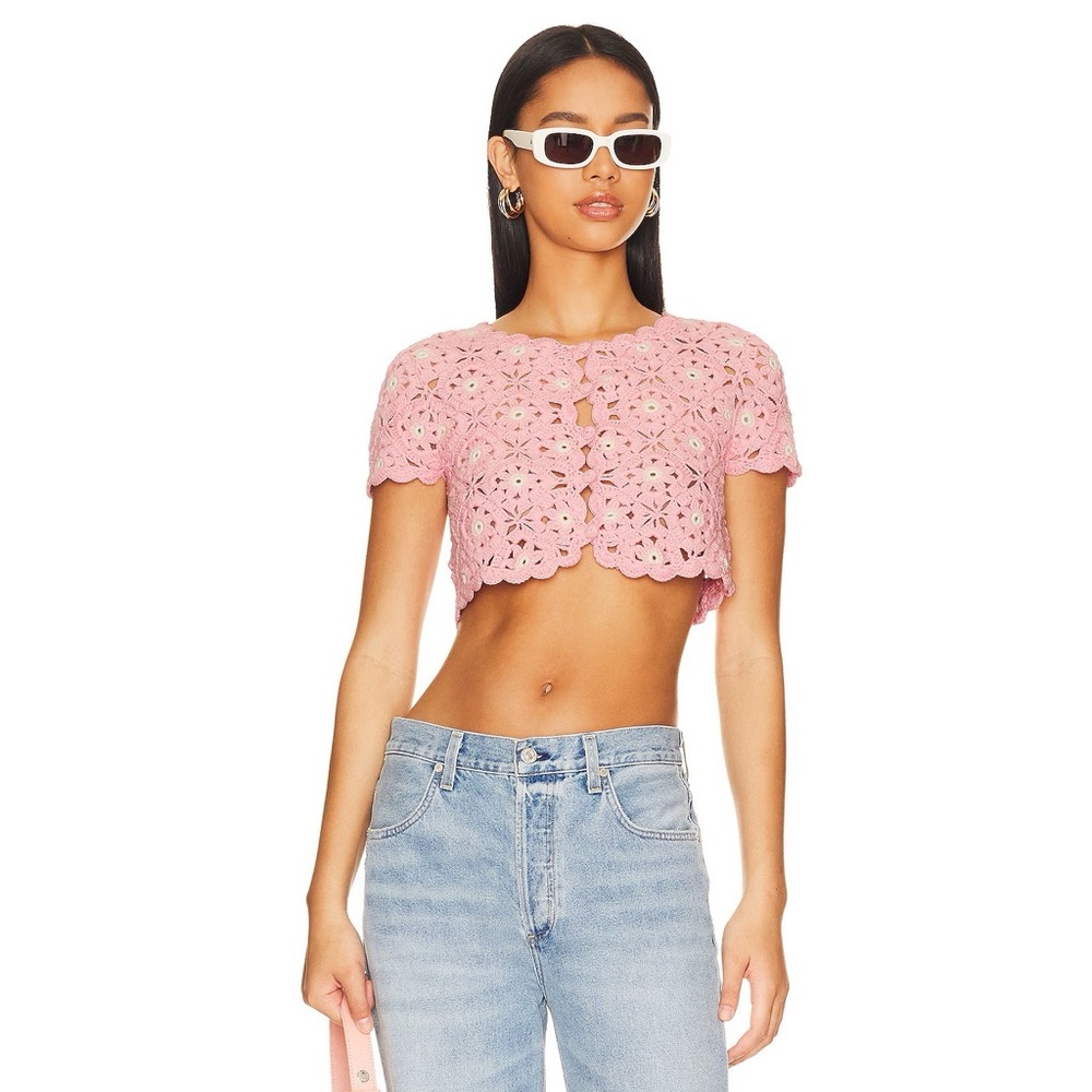 NWOT Lovers & Friends Delilah Wildflower Crochet Cardi Knit Crop in Light Pink - Picture 2 of 8